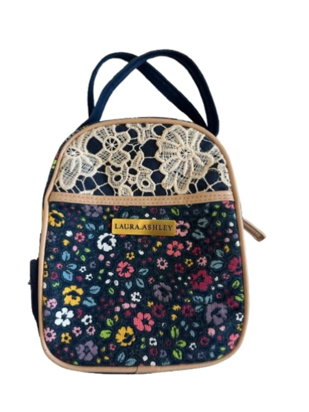 Laura Ashley Navy Floral Zip Closure Lunch Tote Bag with Cream Lace and Tan Trim